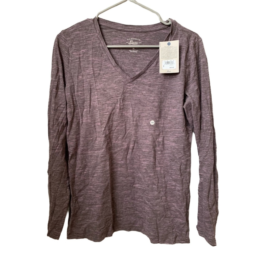 BASS Women’s Brown Gray Pink V-Neck Long Sleeve Cotton Tee Shirt Top
